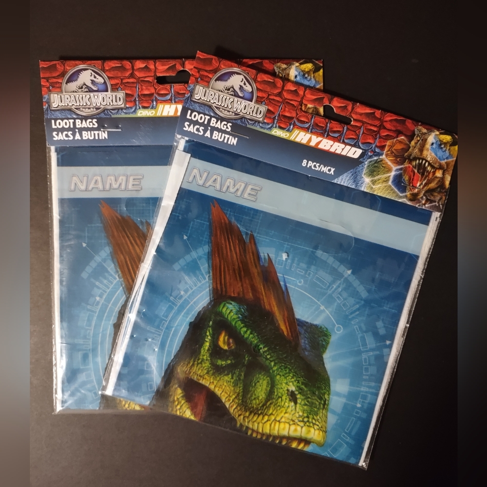2 New Jurassic World Printed Plastic Favor Bags - 8pcs Each Sealed